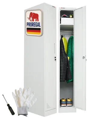 Produktbild von Spind Schrank ELEPHANT Metall | 1 Abteil, abschließbar | HxBxT 180x30x50cm | mit Kleiderstange, 2 Fächern & 3 Kleiderhaken pro Abteil | Lichtgrau | Spindschrank Kleiderschrank Metallschrank Garderobenschrank