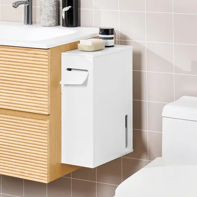 Zdjęcie produktu dla SoBuy BZR199-W Szafka wisząca na papier toaletowy Szafka wisząca wąska półka Meble łazienkowe Biały WD ok. 14x42x30cm