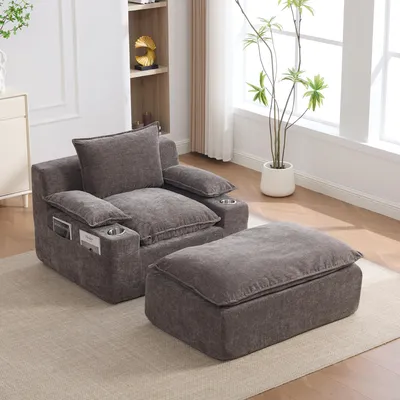 Immagine prodotto di Poltrona imbottita okwish con quattro cuscini e portabicchieri, poltrona relax con tasca portaoggetti, per una persona, senza montaggio, in tessuto chenille grigio