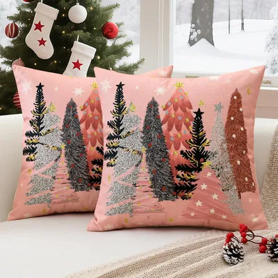 2er-Set Kissenbezüge 40x40 cm Weihnachtsbäume Schneeflocken rosa