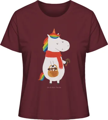 Produktbild von Mr. & Mrs. Panda T-Shirt für Frauen Einhorn Pilz Größe M - Burgundy - Geschenk, Kurzarmshirt Damen, Liebeskummer, Pilzsammler, Einhörner, Basic Shirt, Spruch, Pilze, Mit