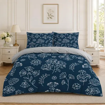 Immagine prodotto di Set di lenzuola 155x220 cm, blu, con motivo floreale, in microfibra, composto da 3 pezzi, con chiusura a zip