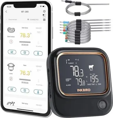 Image de Thermomètre à barbecue Bluetooth et WLAN avec 4 sondes - Thermomètre à viande pour four et barbecue
