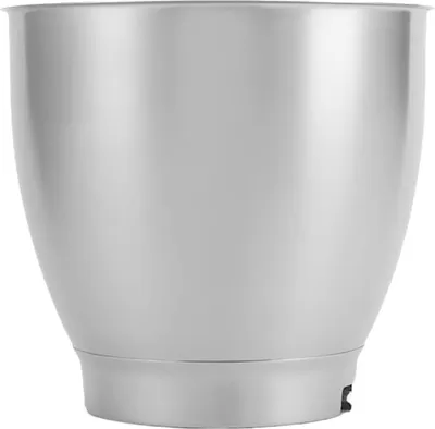 A close-up studio shot of a silver metal mixing bowl.
