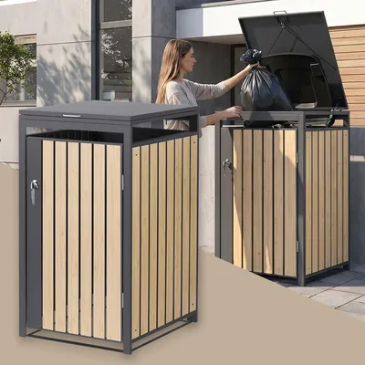 Produktbild von ML-Design Mülltonnenbox 1er für 1 Tonne 240L 68x80x120 cm Anthrazit-Lärchenoptik, Stahl, wetterfest/abschließbar