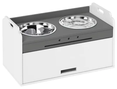 Immagine prodotto di Ciotola rialzata per cani con mobiletto contenitore e 2 ciotole | Colore: Bianco | Dimensioni: 60x30x35,5 cm