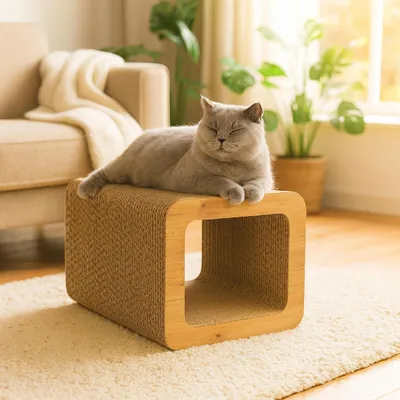 Obrázek produktu pro QLS škrábací nábytek 3v1 z vlnité lepenky pro kočky 37×30×30 cm škrábací deska jeskyně dub 11380