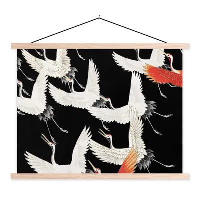 Produktbild von MuchoWow® Textilposter Japanisch - Kranich - Weiß - Rot - Vintage 40x30 cm mit holzfarbenen Rahmen - Bilder