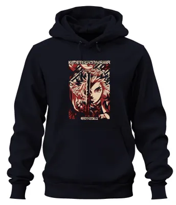Immagine prodotto di Felpa con cappuccio unisex Rengoku Kimetsu no Yaiba Demon Slayer con spada di fuoco, blu navy, taglia S