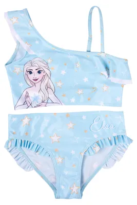 Produktbild von Disney Die Eiskönigin Bikini mit Rüschen für Mädchen - Elsa Frozen Kinder Zweiteiler Schwimmanzug Blau 98-104
