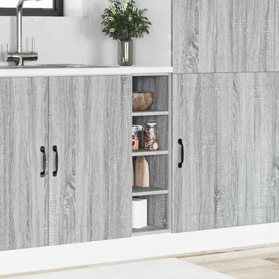 A close-up view of a wooden sideboard with open cabinet doors, revealing shelves with jars and a roll of paper.