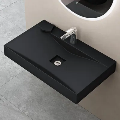 Image de doporro Vasque à Poser 100cm avec Bonde Lavabo Suspendu Noir Mat Colossum810 Fonte Minérale Solid Surface 100x48x12cm