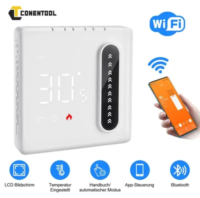 Obrázok produktu pre Termostat do miestnosti, WiFi, podlahové kúrenie, stenové kúrenie, ovládanie cez aplikáciu, dotykový displej, programovateľný, WiFi, kompatibilný s Alexa, Zigbee, senzor okien, časovač, biela farba, LCD displej, s WiFi