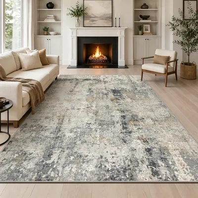 Productafbeelding van Abstract vloerkleed, grijs en goud, 160x230 cm, korte pool, geschikt voor de woonkamer