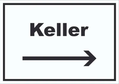 Produktbild von Keller Schild mit Text und Richtungspfeil rechts waagerecht A4 Rückseite selbstklebend