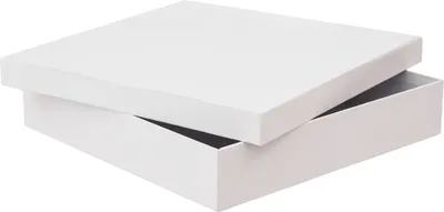 A white gift box with its lid slightly ajar, shown from a diagonal angle.