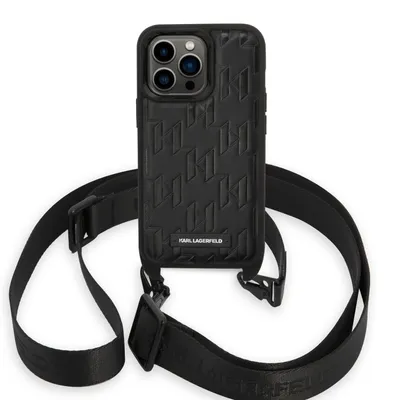 A black Karl Lagerfeld iPhone 14 Pro case with a monogram pattern and a detachable strap, shown against a white background.