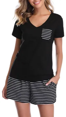 Imagen del producto de Conjunto de pijama de algodón para mujer Vlazom, suave, ideal para el verano, con mangas cortas
