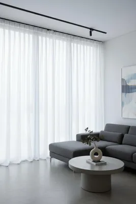 A modern living room with sheer white curtains, a grey sectional sofa, and a concrete coffee table with a vase and plant.