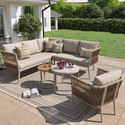Produktbild von Flieks Rattan Gartenloungeset 6-tlg., Balkonmöbelset für 5-6 Personen, Gartenmöbel-Set mit 2 Gartentischen, Gartengarnitur mit Ecksofa & Stuhl, Beige