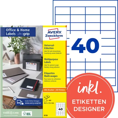 Obrázek produktu pro Avery 6126, Bílá, Obdélník, Permanentní, Papír, Laserová/inkoustová tiskárna, 40 kusů