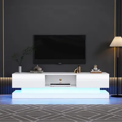 Immagine prodotto di Mobile TV 160x35x40,5 cm, finitura lucida, con illuminazione LED, 2 cassetti, controllo tramite app, adatto per televisori da 60 pollici
