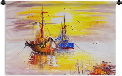 Produktbild von MuchoWow® Wandteppich Wandbehang Malerei - Boot - Wasser - Ölfarbe 90x60 cm Tapisserie Dekoration Wandtuch - Wandskulpturen - Bildteppich