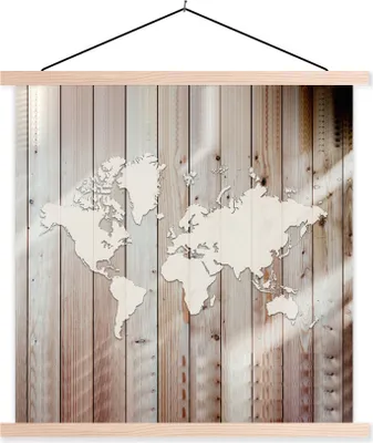 Produktbild von MuchoWow® Textilposter Weltkarte - Weiß - Holz 120x120 cm mit holzfarbenen Rahmen - Textil-Poster