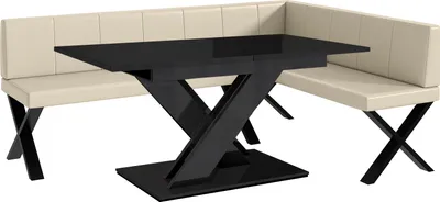 Produktbild von MEBLINI Eckbank für Esszimmer mit ausziehbarem Tisch  - Küchenbank - Essecke - Sitzecke Küche - PETER - X-Beine 142x196x87cm Rechts - Creme Kunstleder/B Schwarz Hochgl.