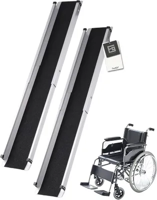 Zdjęcie produktu dla 2 szt. Teleskopowa rampa dla wózków inwalidzkich [Max. 300 kg, 74,5/121 cm] Aluminiowa, antypoślizgowa, teleskopowa rampa, w zestawie torba transportowa. Rampa do wózków inwalidzkich, schodów, rowerów