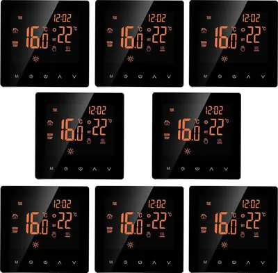 A collage of multiple digital thermostats, each displaying time and temperature.