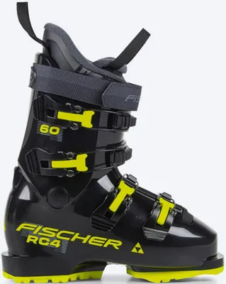 A black and yellow Fischer RC4 60 JR GW ski boot is shown against a white background.