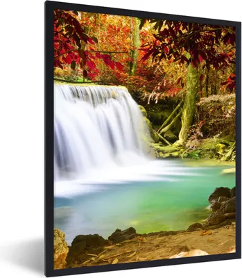 Produktbild von MuchoWow® Gerahmtes Poster Herbst - Wasserfall - Natur 30x40 cm - Poster mit Schwarzem Bilderrahmen Wandposter Rahmen Foto Bilder - Wanddeko - Kunstdrucke