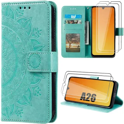 Image de Coque + 2 Verres Trempés pour Samsung Galaxy A26 5G, Protection Rabat Cuir Synthétique Design Floral Géométrique Vert