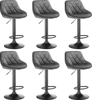 Produktbild von 6er Set Barhocker mit Lehne aus Samt  360° drehbar höhenverstellbar - Barstuhl, Küchenhocker Chrom Dunkelgrau
