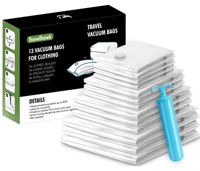 Produktbild von 13-teiliges Vakuumbeutel Set mit Handpumpe für Textilien n 40x60 bis 80x100 cm
