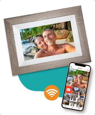 Produktbild von Digitaler Bilderrahmen mit WiFi und Frameo App | Holz Fotorahmen 8 Zoll HD+ -IPS Touch Display Micro SD - Touchscreen