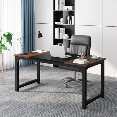 Produktbild von Schreibtisch 160 x 80 cm, Großer Computertisch Bürotisch mit Stabilen Metallbeinen, Moderner Arbeitstisch Konferenztisch für Home Office, Büro oder Konferenzraum, Rustikales Braun Schwarz