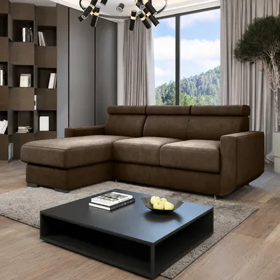 Produktbild von GOLDSTOFF HUGO Ecksofa 202 x 130 cm mit Schlaffunktion & Bettkasten – L-Form Schlafsofa mit Kopfstützen und Relaxfunktion (Braun)