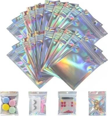 Image de Sacs en mylar holographique avec fermeture éclair - Transparent, réutilisable (6 x 10 cm)