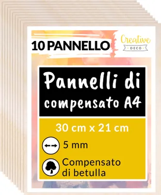 Immagine prodotto di Creative Deco 10 x A4 Compensato Pannelli Legno Betulla 5mm | Pannelli Compensato 300 x 210 x 5 mm (+/- 0.5mm) | Decorazione, Modellare, Pirografia