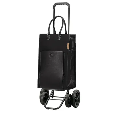 A black shopping trolley with a leather front pocket and adjustable handle, shown against a white background.