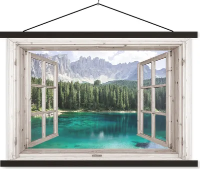Produktbild von MuchoWow® Textilposter Aussicht - Berg - Wasser 90x60 cm mit schwarzem Rahmen - Aufhängungssatz