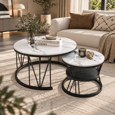 Productafbeelding van INONEFT Set van 2 ronde salontafels, woonkamertafels met open opbergruimte, 3 toepassingsmogelijkheden, bijzettafels voor woonkamer en slaapkamer, zwart, AI-gegenereerde afbeelding