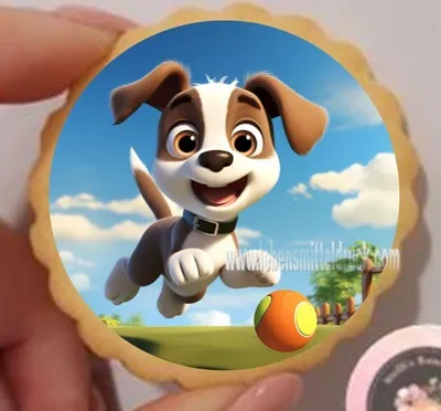 Produktbild von Hund Welpe mit Ball rund  Keks / Cupcake Aufleger 1 Seite A4 Saracino Cake Paper - leicht raue Oberfläche keine - einfach selber ausschneiden 4,5 cm 24 Stk.