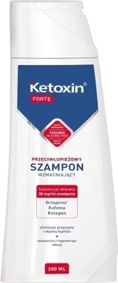 A white bottle of KETOXIN FORTE Antischuppenshampoo against dandruff, with Polish text and branding.