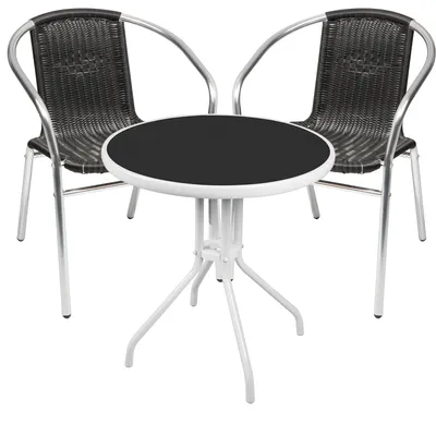Produktbild von Bistrogarnitur 3-teilig Metall /Glasplatte rund weiß - Rattan / Schwarz