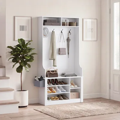 Obrázek produktu pro BEALIFE Vestavěná skříň do předsíně FS29 se 4 háčky, lavičkou a policí na boty | 90 x 30 x 183 cm, ochrana proti převrácení | Do předsíně a chodby | Bílá