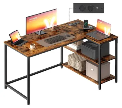 Immagine prodotto di Scrivania ad angolo a forma di L con spazio contenitivo, ideale per l'ufficio domestico | Colore marrone vintage | Dimensioni: 120x80x76 cm