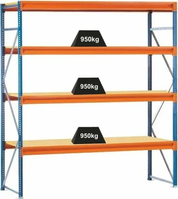 Produktbild von Schulte Weitspannregal mit Spanplatten W 100 | Grundregal | HxBxT 250x214x60cm | 4 Ebenen | Fachlast 950 kg | Blau/Orange/Verzinkt